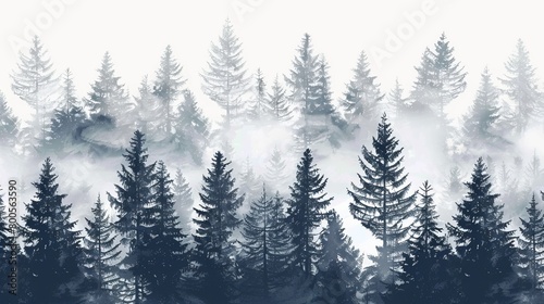 A seamless pattern featuring a foggy spruce forest with fir trees isolated on a white background.