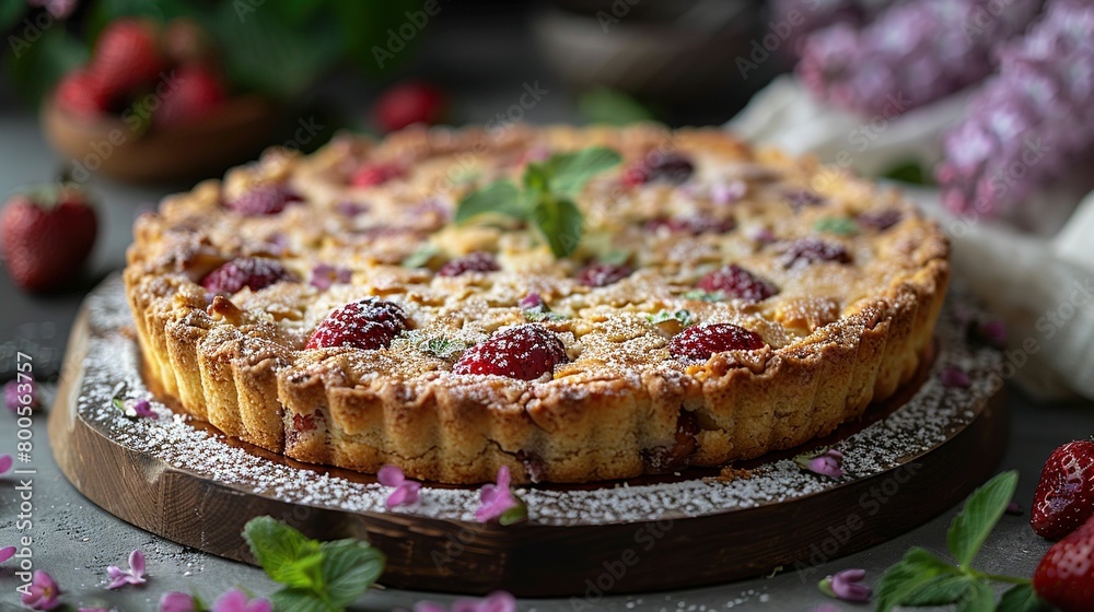 A beautiful wooden platter displays a delicious cake topped with juicy raspberries and dusted with powdered sugar, surrounded by vibrant flowers and lush greenery A beautiful wooden platter displays a delicious cake topped with juicy raspberries and dusted with powdered sugar, surrounded by vibrant flowers and lush greenery