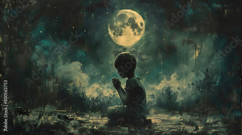 A boy kneels in prayer on a rocky outcrop under the full moon, surrounded by the darkness of night, contemplating and seeking solace