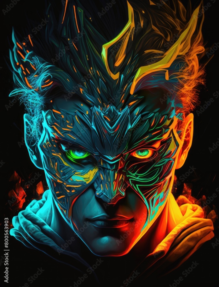 A closeup neon-infused portrait of a person with a glowing, abstract mask and neon-colored eyes, set against a dark, abstract background A closeup neon-infused portrait of a person with a glowing, abstract mask and neon-colored eyes, set against a dark, abstract background