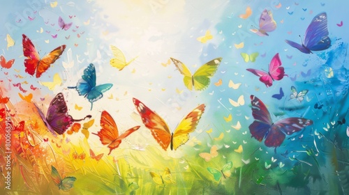 A rainbow of butterflies gracefully dancing in a sunlit meadow, a symphony of hues against a clear blue sky. © Plaifah