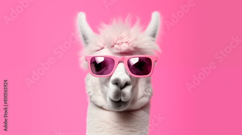 Cute lama alpaca with bubblegum in trendy pink sunglasses, isolated on pink background with copyspace.