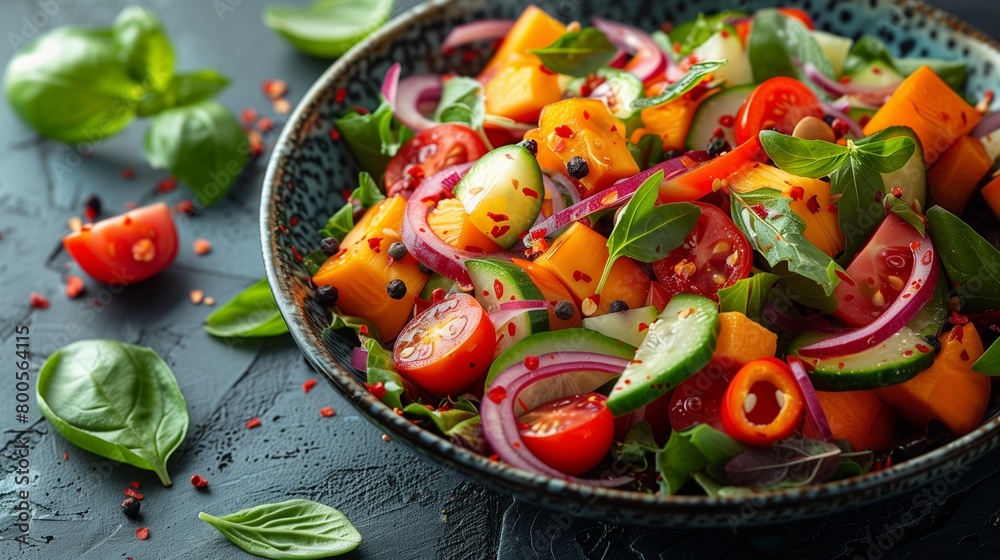 Overhead shot of colorful vegan salad, vibrant vegetables neatly arranged, copy space for text on left