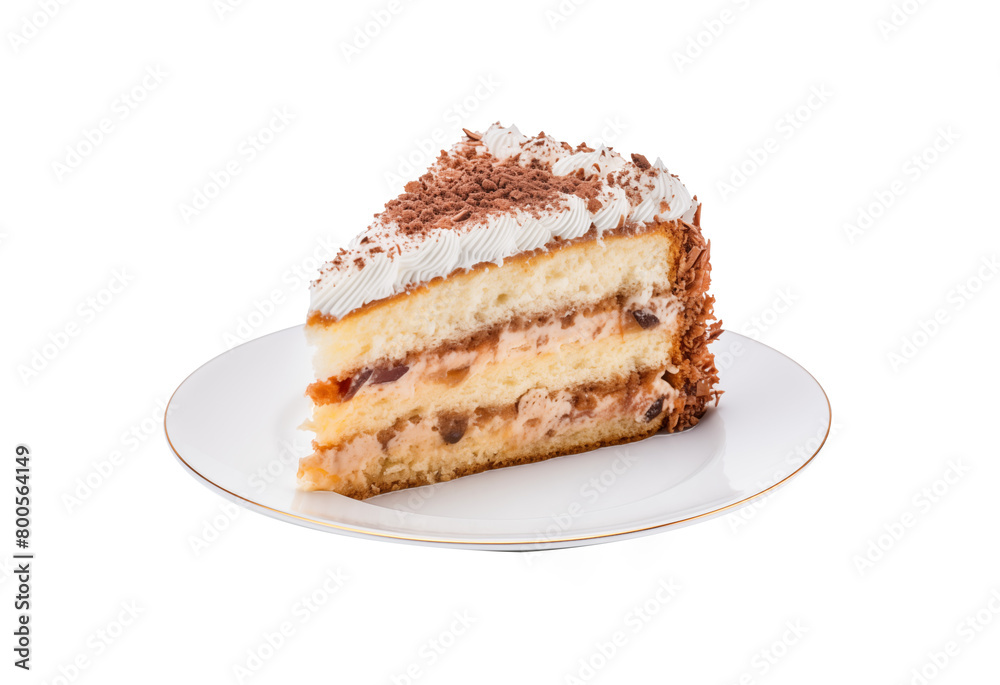 A slice of tantalizing tiramisu cake with layers of cream and a dusting of cocoa, served on an elegant plate. Generative AI A slice of tantalizing tiramisu cake with layers of cream and a dusting of cocoa, served on an elegant plate. Generative AI