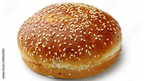 A top view of a perfectly round hamburger bread bun, isolated on a clean white background.   © Chingiz