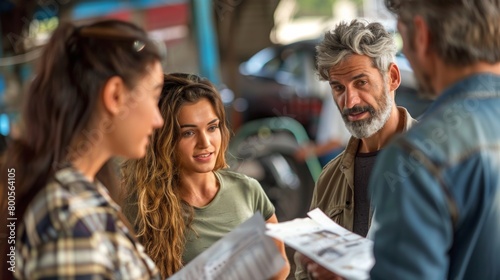 A group of people exchanging insurance information after a minor fender-bender, emphasizing the importance of documentation and communication in resolving claims. © G.Go