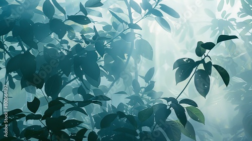 A mysterious view of tropical leaves under a fogged glass, creating an ethereal and obscured visual.