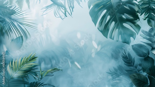 A mysterious view of tropical leaves under a fogged glass  creating an ethereal and obscured visual.  