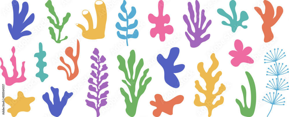 Coral icon, seaweed set. Abstract organic shape, underwater plant, matisse element, cute colorful sea doodle. Cartoon marine floral collage isolated on white background. Simple vector illustration Coral icon, seaweed set. Abstract organic shape, underwater plant, matisse element, cute colorful sea doodle. Cartoon marine floral collage isolated on white background. Simple vector illustration