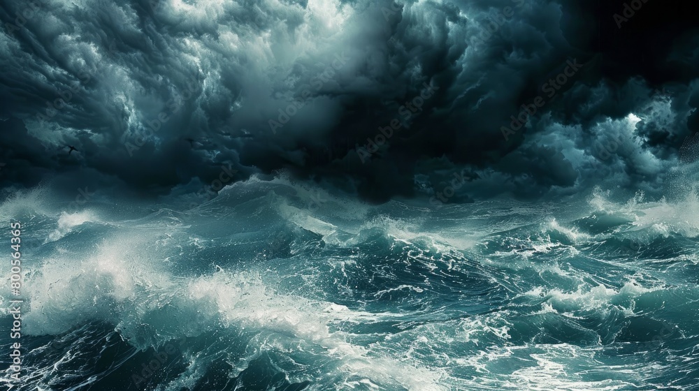 Obraz premium A dramatic scene capturing a stormy seascape, with dark clouds and turbulent waves.