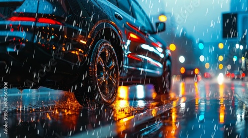 A scene of a black SUV parked on a rainy road, illuminated by traffic light trails in a heavy downpour