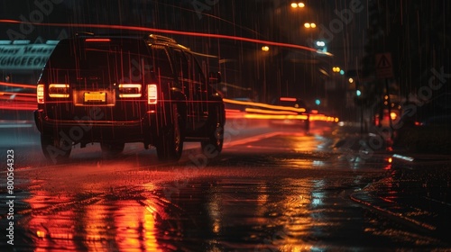 A scene of a black SUV parked on a rainy road, illuminated by traffic light trails in a heavy downpour © Chingiz