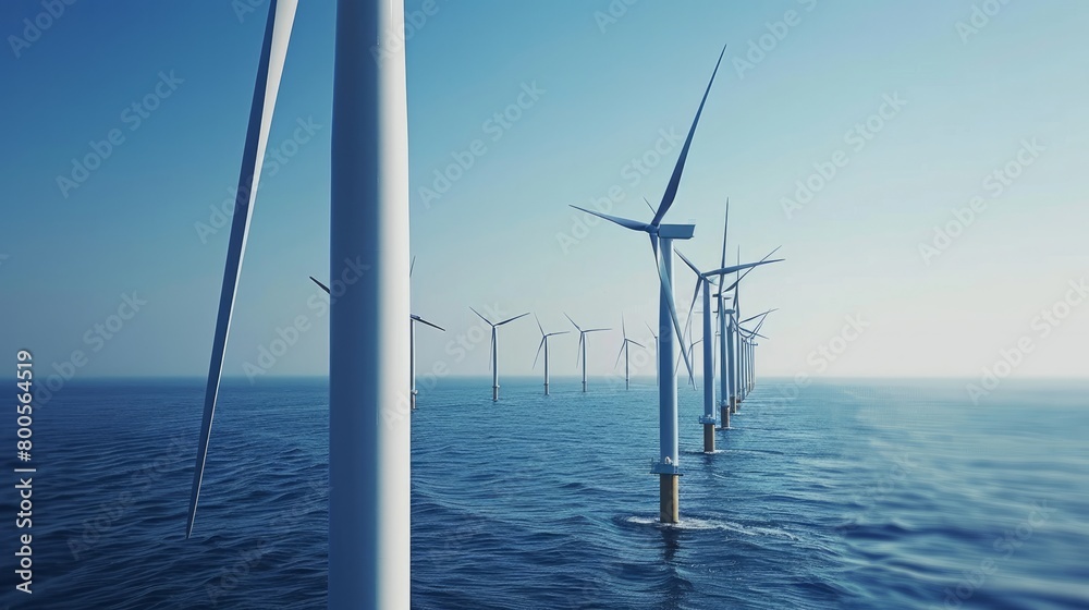 A close-up view of windmill turbines at sea against a clear blue sky, illustrating sustainable energy sources.

