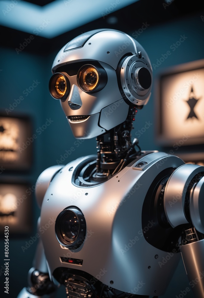 Closeup of a toy robot wearing electric blue headphones as a fashion accessory Closeup of a toy robot wearing electric blue headphones as a fashion accessory