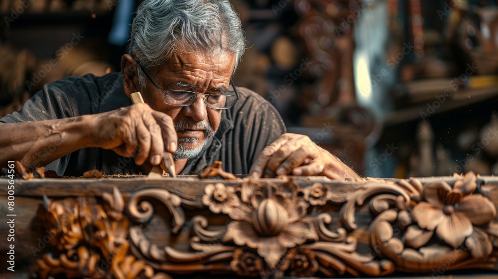 A man carving intricate designs into a piece of wood to create handmade furniture, showcasing the craftsmanship of woodworking.