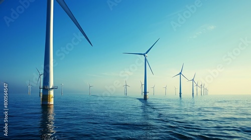 A close-up view of windmill turbines at sea against a clear blue sky, illustrating sustainable energy sources.