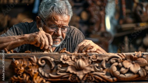 A man carving intricate designs into a piece of wood to create handmade furniture, showcasing the craftsmanship of woodworking. photo