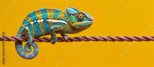 Colorful Chameleon on Rope Against Vibrant Yellow Background. Generative ai