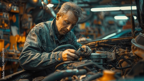 A mechanic inspecting the engine compartment of a vehicle, checking fluids, belts, and hoses for signs of wear and tear.