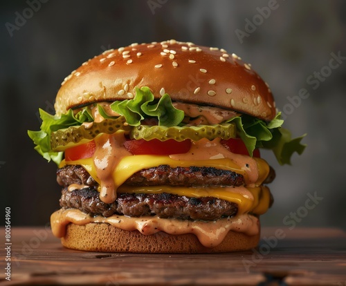 All-American cheeseburger with fresh vegetables, beef patties, dripping sauce and seeds