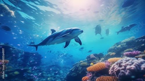 dolphins gliding gracefully underwater with sunlight filtering through the surface of the ocean.