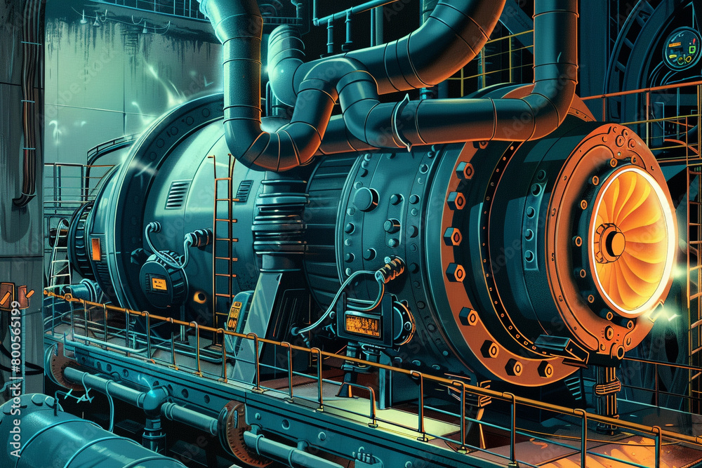 A detailed illustration of a thermodynamic machine in a power station 
