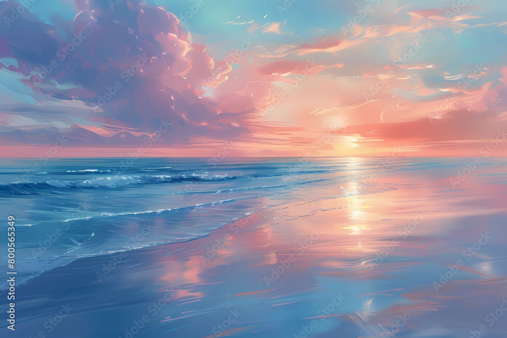 illustration of a secluded beach at sunrise,