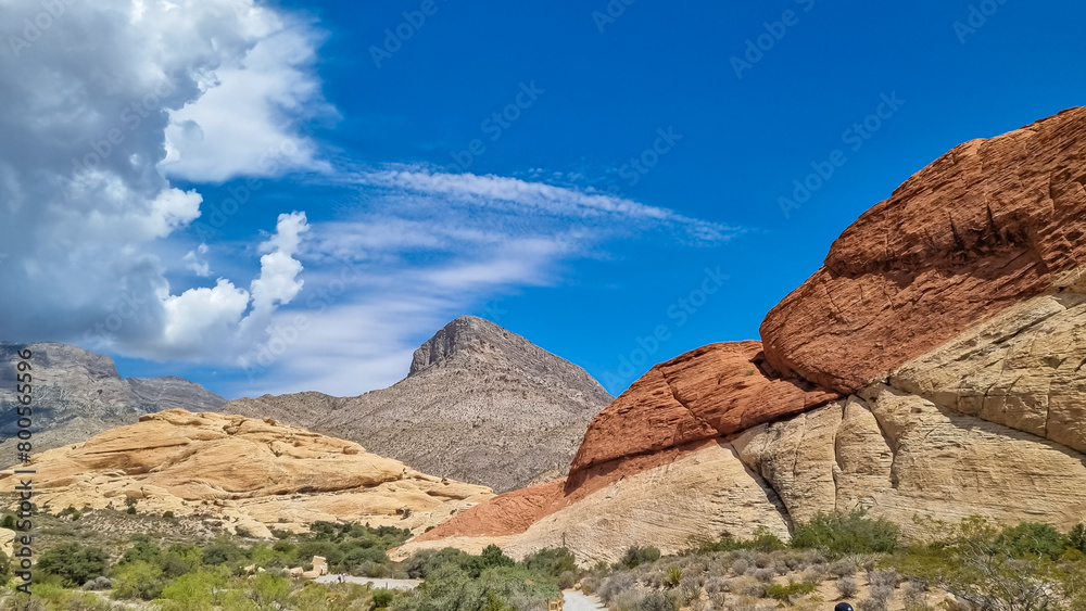 Fototapeta premium Hiking on Sandstone Quarry Overlook path with scenic view of summit Turtlehead Peak of La Madre mountains, Red Rock Canyon National Conservation Area in Mojave Deser, Las Vegas, Nevada, United States