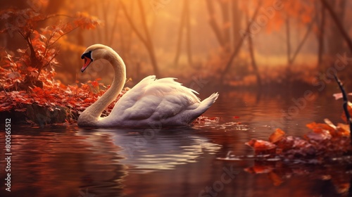 elegant swan rests tranquilly on the water surrounded by autumn leaves, its plumage a soft contrast to the earthy tones of the forest.