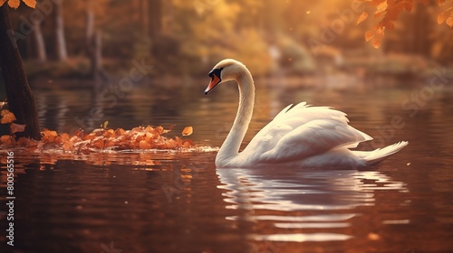elegant swan rests tranquilly on the water surrounded by autumn leaves, its plumage a soft contrast to the earthy tones of the forest. photo