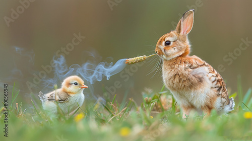  A baby chick perched near an adult rabbit amidst tall grass; smoke curled from its nostrils