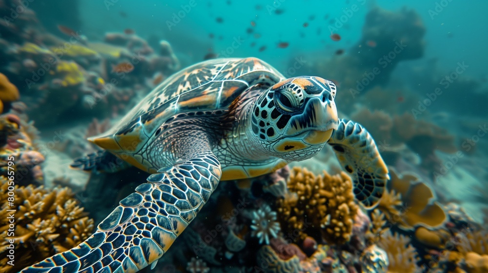 Sea Turtle Swimming Near Coral Reef, Ocean Blues and Greens, YouTube Thumbnail with Text Space on Left, Wildlife Adventure