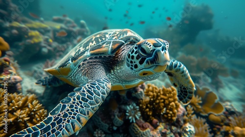 Sea Turtle Swimming Near Coral Reef, Ocean Blues and Greens, YouTube Thumbnail with Text Space on Left, Wildlife Adventure © SardarMuhammad