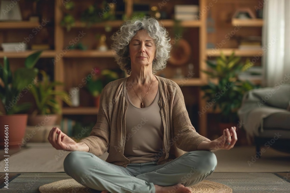 Mature female senior lady meditating in middle-aged woman Mature female senior lady meditating in middle-aged woman