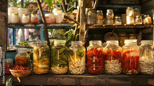 A rustic Thai street food stall with jars of pickled garlic and chili sauce, adding a spicy kick to local favorites. photo