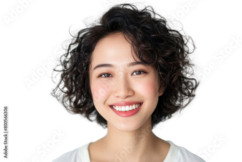 Portrait shot of Asian beautiful young woman with curly hair and happy joyful attractive smile  isolated on transparent png background.