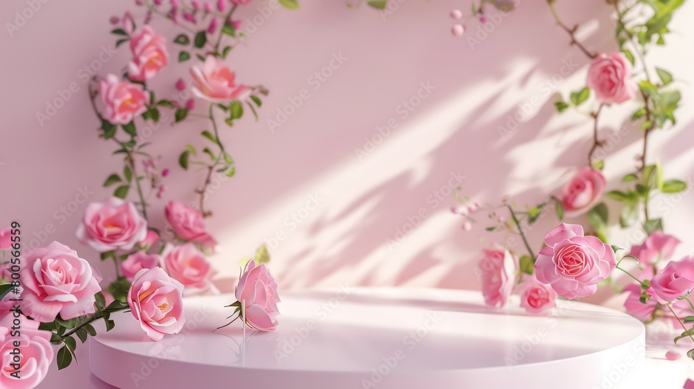 beautiful podium background with pink flowers, very light and cosmetic beautiful podium background with pink flowers, very light and cosmetic