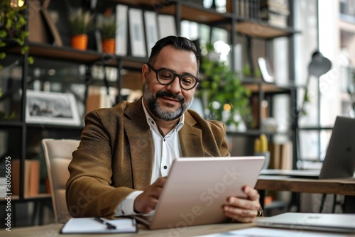 Latin entrepreneur using tablet in modern office business.