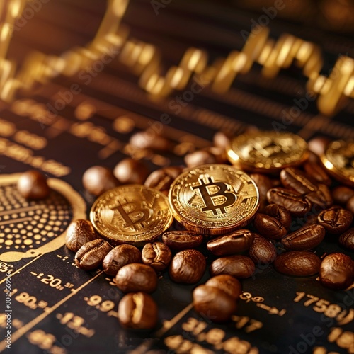Golden coffee beans displayed alongside a digital cryptocurrency trading chart  luxury trading theme   high-resolution