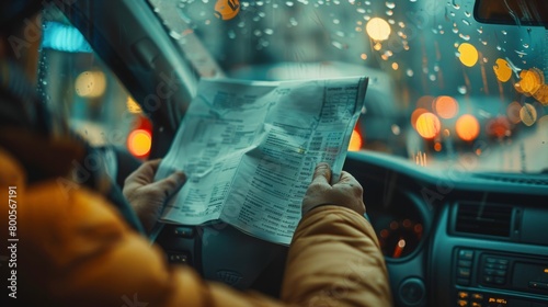 A person reviewing their automobile insurance policy documents and coverage details, ensuring they have adequate protection in case of accidents or damage. photo