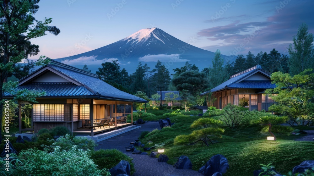 Naklejka premium A serene countryside retreat with Mount Fuji rising above traditional Japanese architecture and lush green gardens, a tranquil escape from the modern world.