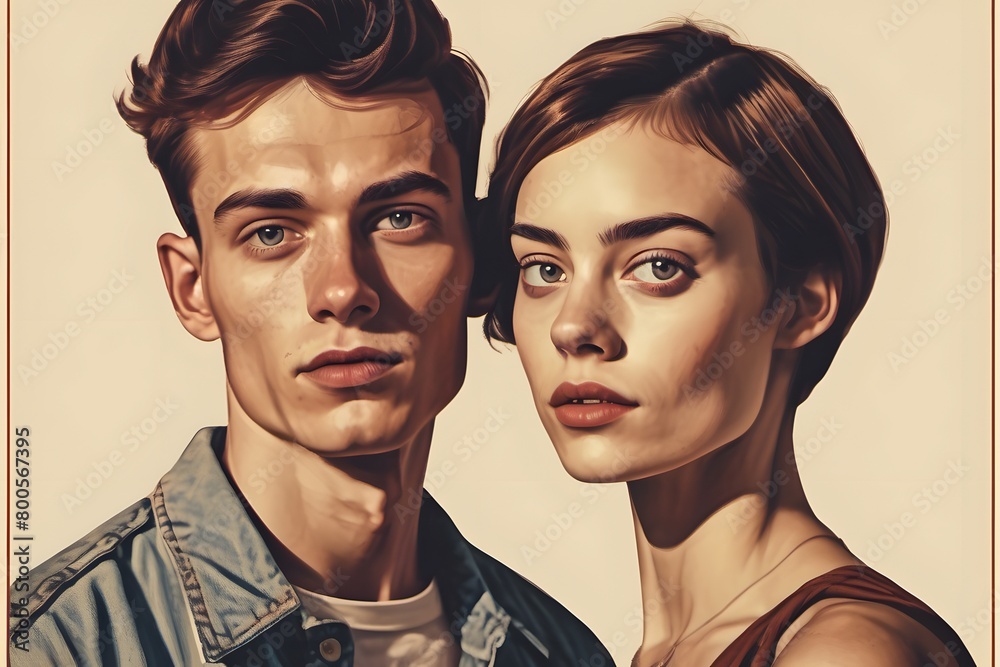 Dynamic graphic art captures the essence of a young couple's love story, radiating warmth, connection, and modern romance. Dynamic graphic art captures the essence of a young couple's love story, radiating warmth, connection, and modern romance.