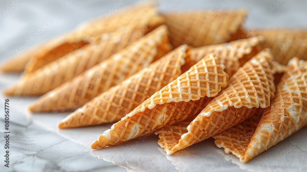 Waffle cones stacked on white counter next to more Waffle cones stacked on white counter next to more