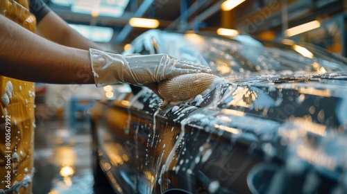 A person using a clay mitt to decontaminate the surface of a car, removing embedded pollutants and contaminants for a smooth and clean finish. photo
