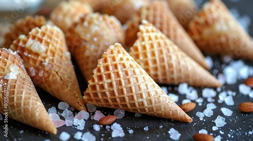  A close-up of several cone-shaped piles of food on a table, with almonds and sea salt arranged beside them