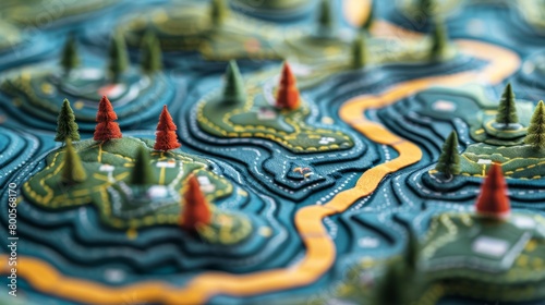 A 3D printed map with blue water features, green hills, and red trees.