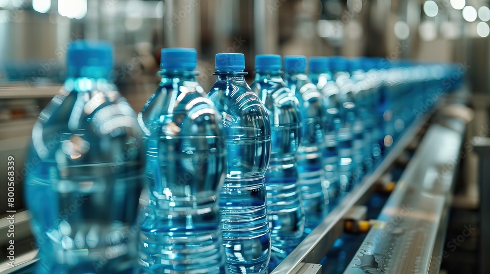 The new plastic bottles in the conveyor belt at the water drinking factory. Drinking water water manufacturing process. AI generated illustration The new plastic bottles in the conveyor belt at the water drinking factory. Drinking water water manufacturing process. AI generated illustration