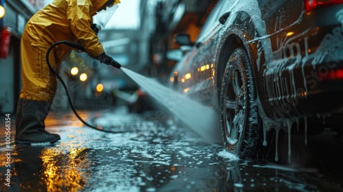 A person using a pressure washer to rinse off soap and debris from a car's exterior, ensuring a spotless finish after washing. photo