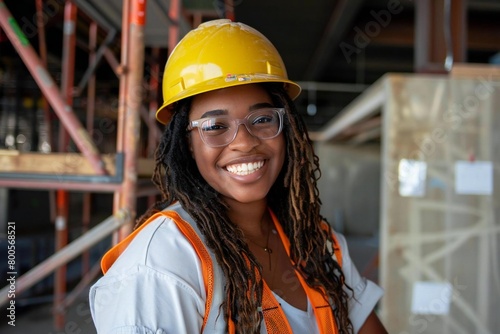 Happy female engineer smiling in hard hat portrait