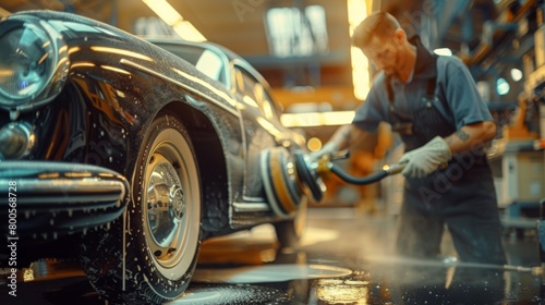 A technician using a buffing machine to polish the paint of a car, restoring shine and removing swirl marks and minor imperfections.